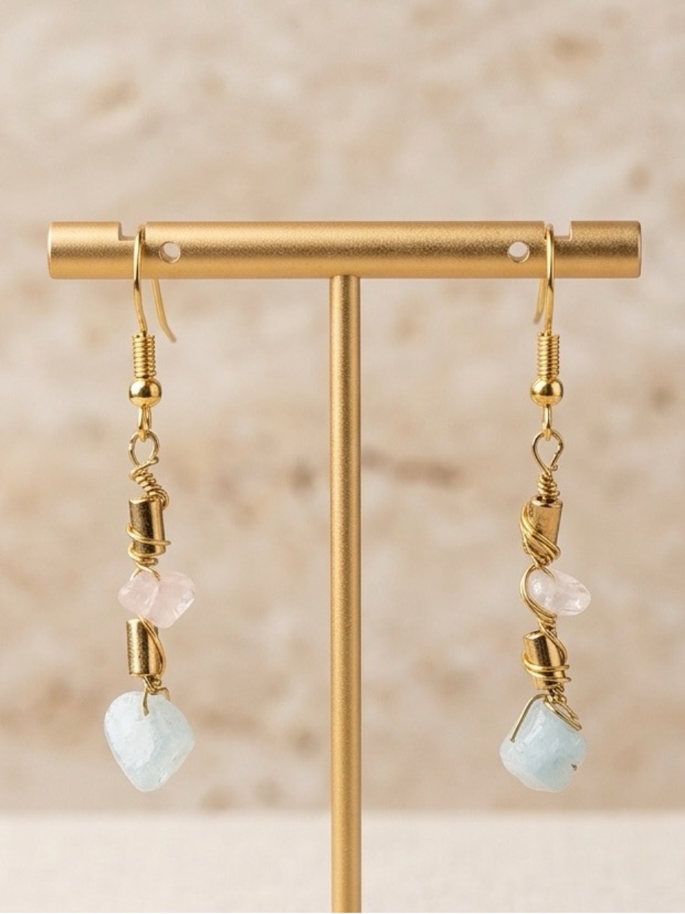 Delicate Gold Wire Wrapped Aquamarine & Rose Quartz Drop Earrings